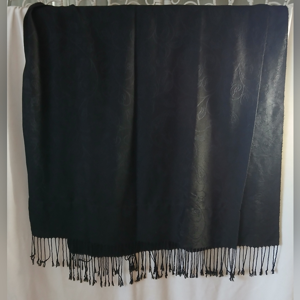 Elegant Black Italy Wool And Silk Fringe Scarf or Wrap